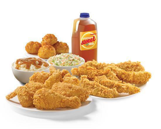 6 Pieces Mixed Chicken & 8 Piece Texas Tenders™ Meal · 6 Pieces of Mixed Chicken and 8 Texas Tenders™, served with your choice of any 2 large sides, 4 scratch made Honey-Butter Biscuits™ and two 1/2 gallon drinks of Tea, Lemonade, or Fruit Punch.