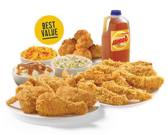 9 Piece Mixed Spicy Chicken & 12 Texas Spicy Tender Strips® Meal · 9 Pieces of mixed Spicy Dark & Spicy White Chicken and 12 Texas Spicy Tenders™, served with your choice of any 3 large sides, 6 scratch made Honey-Butter Biscuits™ and two 1/2 gallon drinks of Tea, Lemonade, or Fruit Punch.