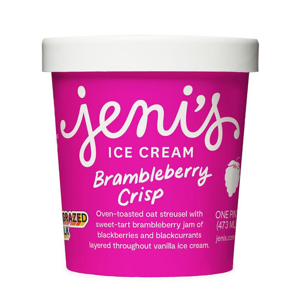 Jeni's Brambleberry Crisp · Oven-toasted oat streusel and a sweet-tart “brambleberry” jam of blackberries and blackcurrants layered throughout vanilla ice cream. Contains gluten and dairy. We cannot make substitutions.