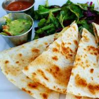 Quesadillas · Organic flour tortillas and 60 day aged raw cheddar, served with pico de gallo and guacamole.