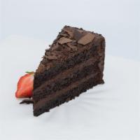 Outrageous Chocolate Cake · Three layers of moist chocolate cake, rich chocolate frosting, chocolate shavings, and choco...