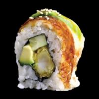  Dragon Roll (8pcs) · Shrimp, tempura, cucumber topped eel, avocado and sesame. Served with eel sauce.