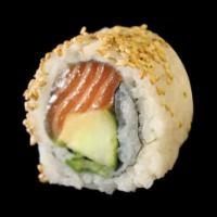 Spicy Salmon Roll (8pcs) · Spicy salmon, cucumber with scallion inside, sesame on outside.