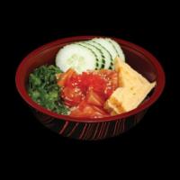 D2. Poke Bowl · Raw salmon mixed sauce over rice with tamago, cucumber, tobiko, sesame, scallion and seaweed...