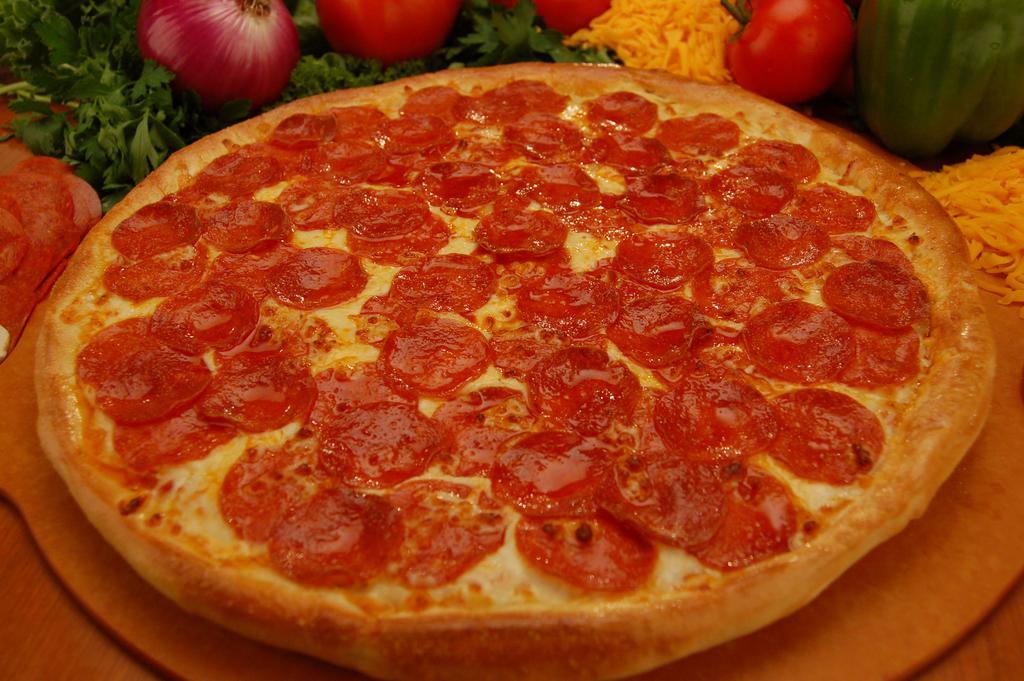 Pepperoni Bomb Pizza · This pizza is an explosion of pepperoni! Double the pepperoni on a regular pizza and extra cheese. Only for the die hard pepperoni fans.