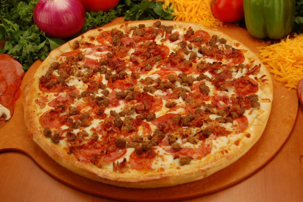 MeatZa Pizza · Warning: Must love meat to order this pizza! Carnivores will love out MeatZa pizza with tons of italian sausage, beef, canadian bacon, pepperoni, and sausage.