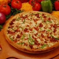 Chicken Bacon Ranch Pizza · Round up a ranch style pizza topped with chicken and bacon on a bed of our creamy ranch dres...