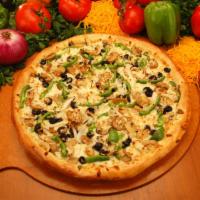 Veggie Pizza · A garden delight topped with all the veggies, green peppers, onions, mushrooms, black olives...
