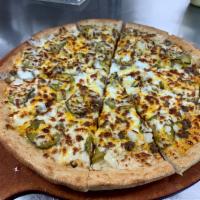 Cheeseburger Pizza · Beef, Onion, Mustard, Pickles, Cheddar Cheese
