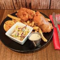 Beer Battered Fish and Chips Special · IPA battered Atlantic cod served with french fries and coleslaw.