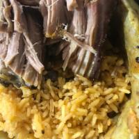 Mofongo Bowl · Mofongo bed with rice salad and your choice of meat !! 
Chicken , pulled pork or beef 