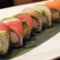 Rainbow Roll · Assorted fish fillet over a California roll.