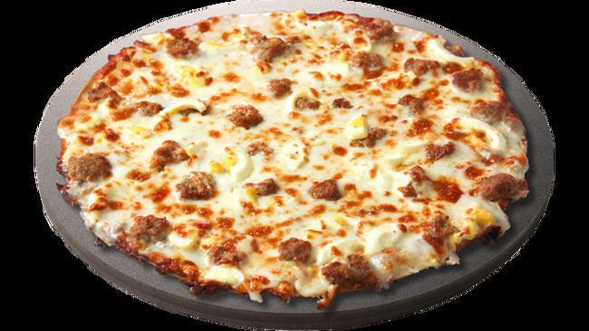 Bake @ Home Sausage-Gravy · Medium thin crust with sausage gravy, Italian sausage, scrambled eggs. Bake at home from frozen.