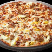 Bake @ Home Bacon Sausage · Medium thin crust with sausage gravy, Italian sausage, bacon, scrambled eggs. Bake at home f...