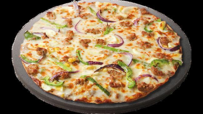 Bake @ Home Sausage Pepper Onions · Medium thin crust with sausage gravy, Italian sausage, scrambled eggs, red onions, green peppers. Bake at home from frozen.