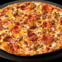 Bake @ Home Bronco · Beef, Italian Sausage, Pepperoni, Diced Ham, Bacon Pieces. Medium thin crust. Bake at home f...