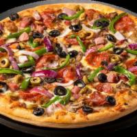 Stampede - Large · Beef, Pepperoni,  Diced Ham, Italian Sausage, Black Olives, Green Olives, Green Peppers,  Mu...