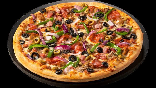 Stampede - Medium · Beef, Pepperoni,  Diced Ham, Italian Sausage, Black Olives, Green Olives, Green Peppers,  Mushrooms, Red Onions