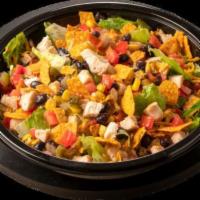 Southwest Fajita Chicken Salad · Romaine Lettuce Mix, Diced Chicken, Cheddar Cheese, Diced Tomatoes, Corn, Black Beans, Crush...