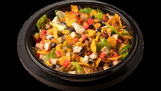 Southwest Fajita Chicken Salad · Romaine Lettuce Mix, Diced Chicken, Cheddar Cheese, Diced Tomatoes, Corn, Black Beans, Crushed Taco Chips with Chipotle Ranch Dressing.