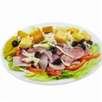 Antipasto Salad · Ham, salami, lettuce, Kalamata olives, shredded mozzarella cheese, tomatoes, red onions, pep...