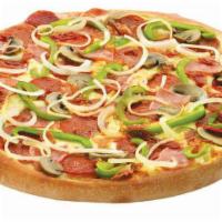 Supreme Square Pizza · Pepperoni, ham, bacon, green peppers, mushrooms and onions.