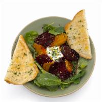 The Beets · Organic Spring Mix Nestled around Low Fat Plain Yogurt, Red And Golden Beets, Grilled SourDo...