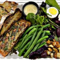 Salmon Nicoise · Wild Caught Salmon Filet, Organic Spring Mix, Dijon Herb, Grilled Salmon, Organic Grilled Be...