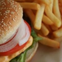 Highway 75 Cheese Burger · Thick patty served with lettuce, tomato, onion, pickle, choice of condiments and served with...