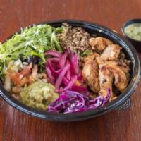 Chicken Quinoa Bowl · Specially seasoned grilled chicken served on a bed of quinoa with lettuce, guacamole, corn s...