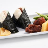 Bento Set w/2 Onigilly · Choose 2 Onigilly with chicken karaage, tamagoyaki(egg omelette), edamame, and takuan (pickl...