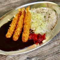 Japanese Fried Shrimp Curry · Panko fried shrimp curry with katsu sauce served with shredded cabbage, Fukujin-pickles and ...