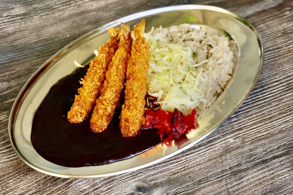 Japanese Fried Shrimp Curry · Panko fried shrimp curry with katsu sauce served with shredded cabbage, Fukujin-pickles and 50% milled brown rice