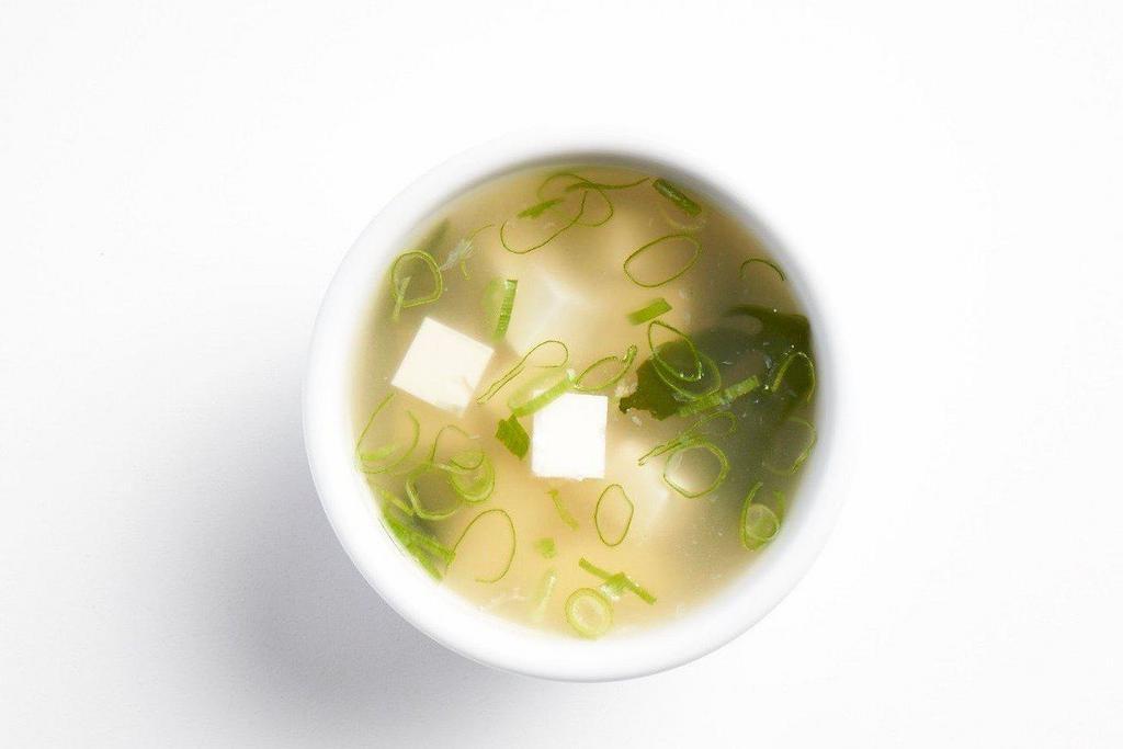 Miso Soup · All natural miso soup with organic tofu, green onion, and wakame seaweed. Vegan, Gluten-free.