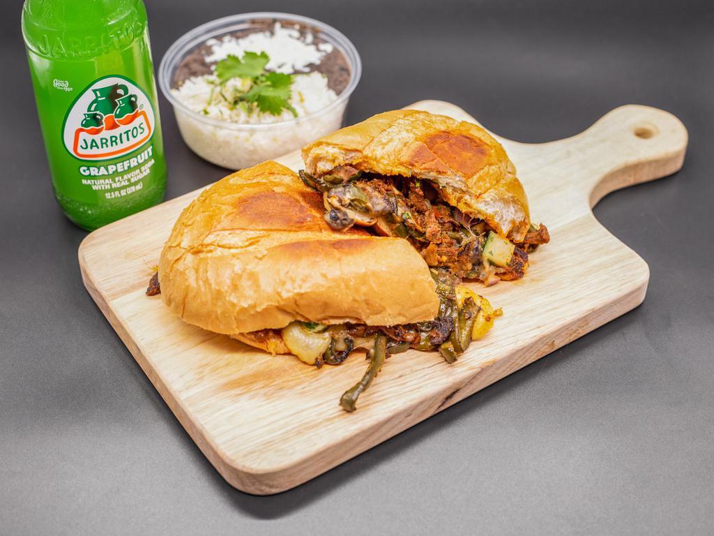 Torta Combo · House Torta with choice of protein, choice of lime-cilantro rice and refried beans or chips and salsa and soft drink.
