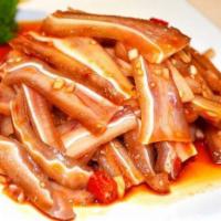 Chili Oil Pig Ear 红油耳丝 · Cooked ear of a pig.