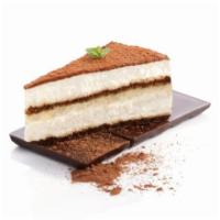 Tiramisu · Sponge cake soaked in espresso, topped with mascarpone cream and dusted with cocoa powder de...