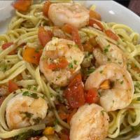 Shrimp Scampi (Dinner) · Jumbo shrimp simmered in a flavorful white wine garlic broth with a delicious tomato blend t...
