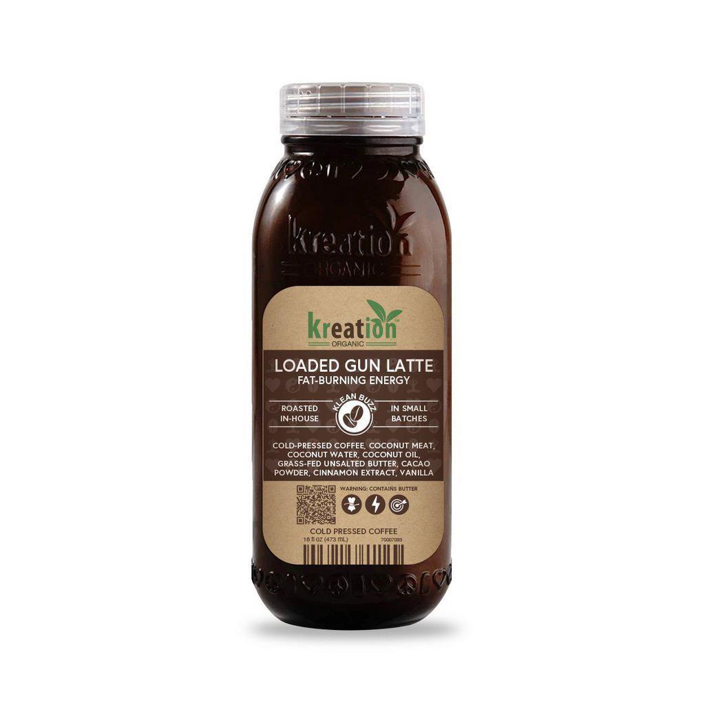 Cold Pressed Loaded Gun · Cold pressed coffee, coconut milk, coconut oil, grass-fed unsalted butter, cacao powder, cinnamon, and vanilla extract.