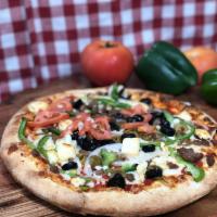 Manny's Feast Pizza · Ground beef, mushrooms, onions, double cheese, green peppers, black olives, green olives, It...