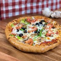 Vegetarian Pizza · Served with tomatoes, onions, green peppers, black olives, mushrooms, green olives, and extr...