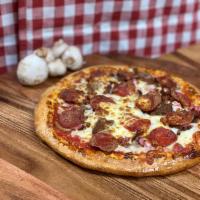 Manny's Meat Special Pizza · Served with sausage, pepperoni, ground beef, bacon, ham, and gyro meat (shaved lamb and beef).