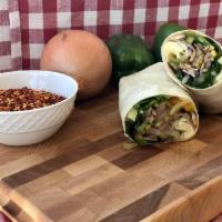 Georgia's Veggie Wrap · Grilled green peppers, mushrooms, onions, black and green olives, spinach, broccoli and chee...