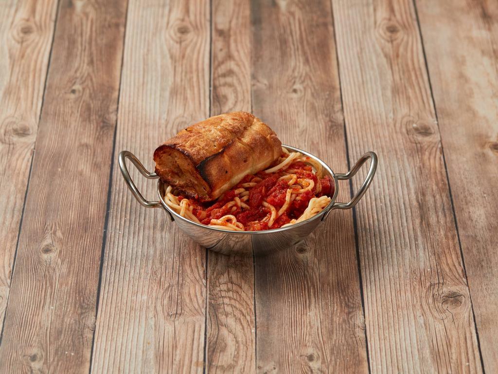 Spaghetti Marinara · Long thing pasta. Tomato sauce.