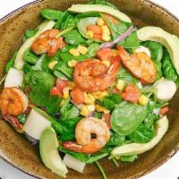 Exotica Salad · Grilled shrimp, spinach, corn, hearts of palm, red onions, avocado, tomato, and lemon vinaig...