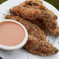 Kickin Strips · Portobello mushrooms cap slices fried to a crisp with your choice of dipping sauce.
