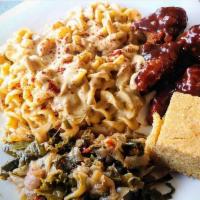 Mac Plate · Three dairy free Mac and cheese, collard kale cabbage greens, buttered soulful cornbread and...