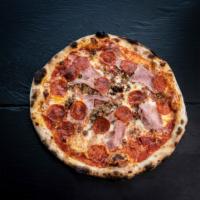 Pizza Meat Lovers · TOMATO SAUCE, MOZZARELLA, PEPPERONI, SAUSAGE, BACON, HAM