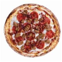 3 Little Pigs Pizza · Red sauce, mozzarella, pepperoni, sausage, bacon.