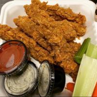 Angry Buffalo Seitan Strips · House-made seitan strips, served with our creamy ranch dressing, carrots and celery with hot...